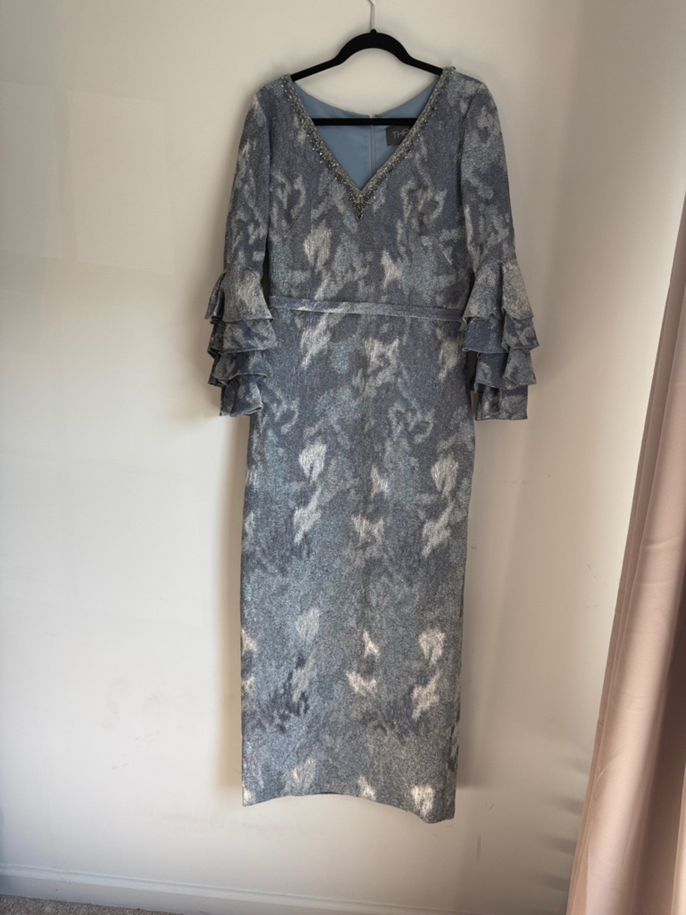 Theia Silver-Blue V-Neck Ruffle Sleeve Long Dress